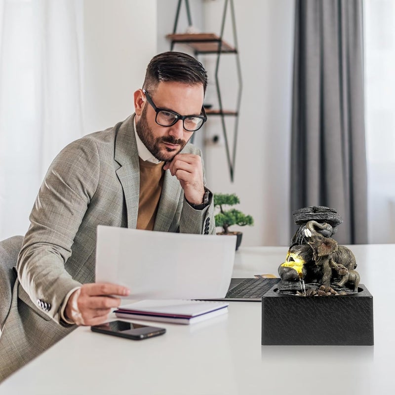 BEAMNOVA Tabletop Fountain,3 Tiered Elephant & Baby Elephant Indoor Fountains,with LED Light Water Feature for Home Office Décor - Image 3